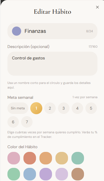 Pantalla de la app para editar un hábito, elegir su meta semanal y su color