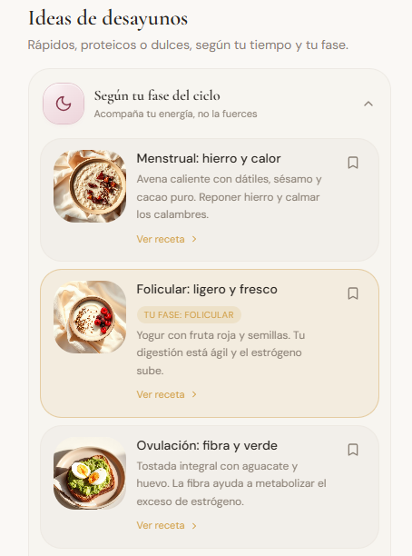 Pantalla de la app con ideas de desayunos según cada fase del ciclo