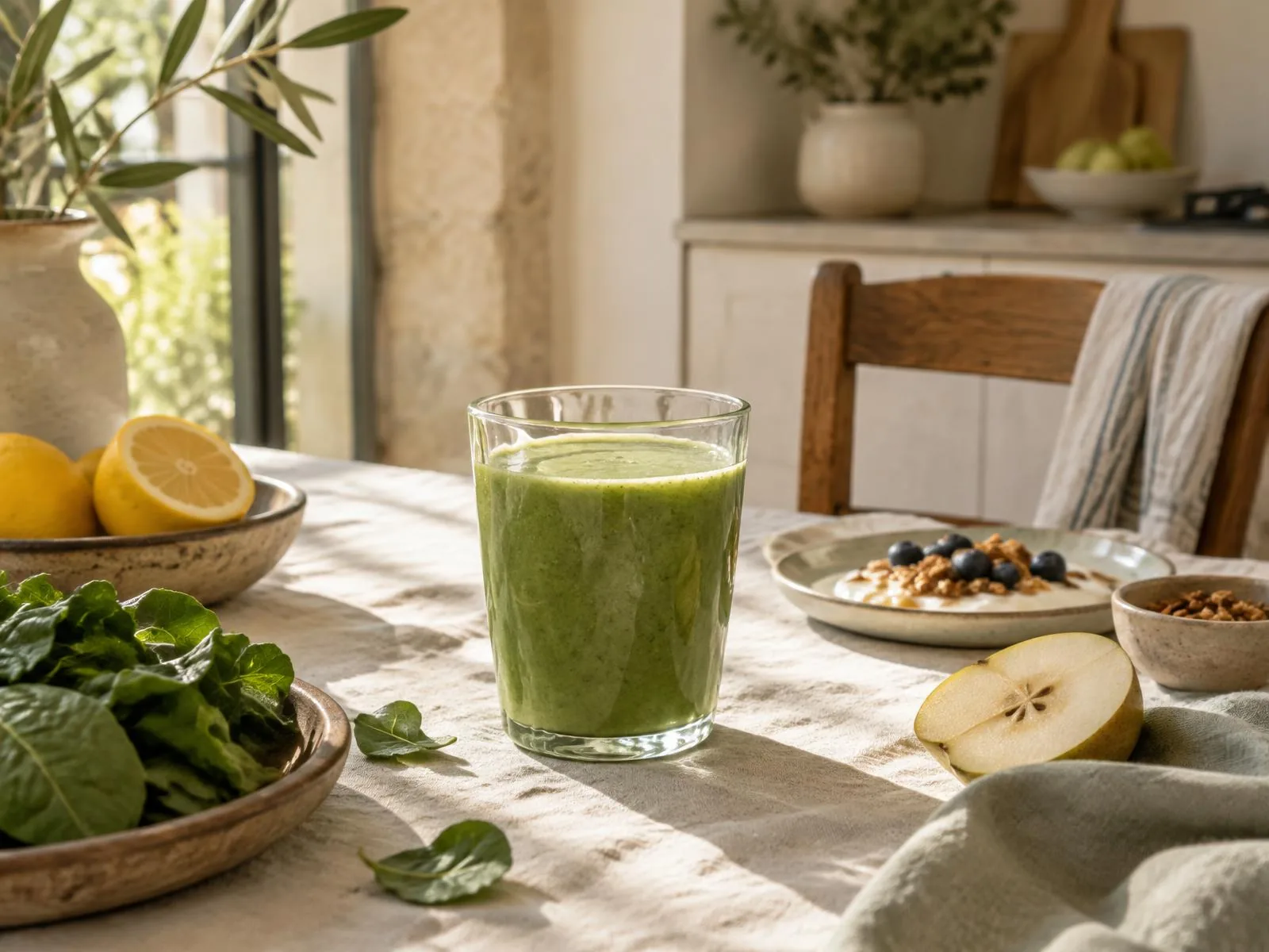 Batido verde recién preparado sobre una mesa luminosa