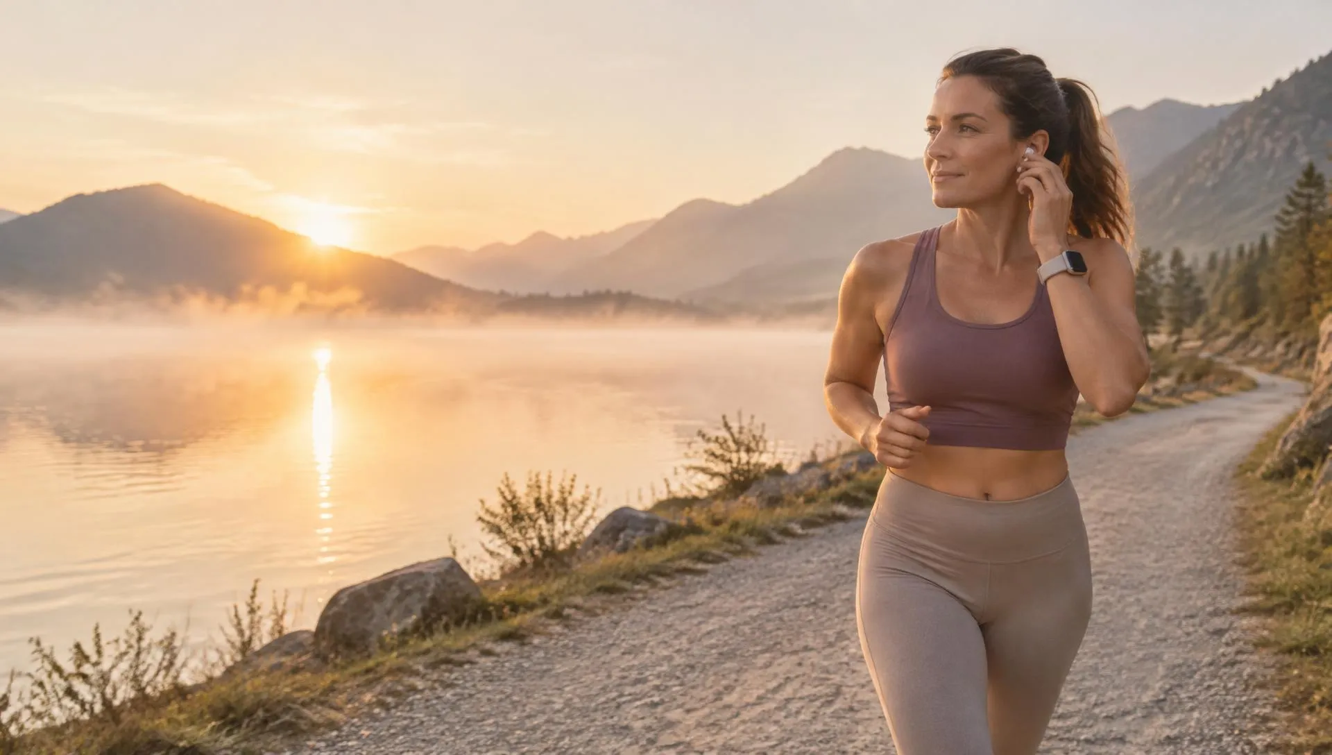 Mujer de unos 40 años corriendo con calma junto al lago al amanecer, colocándose un auricular