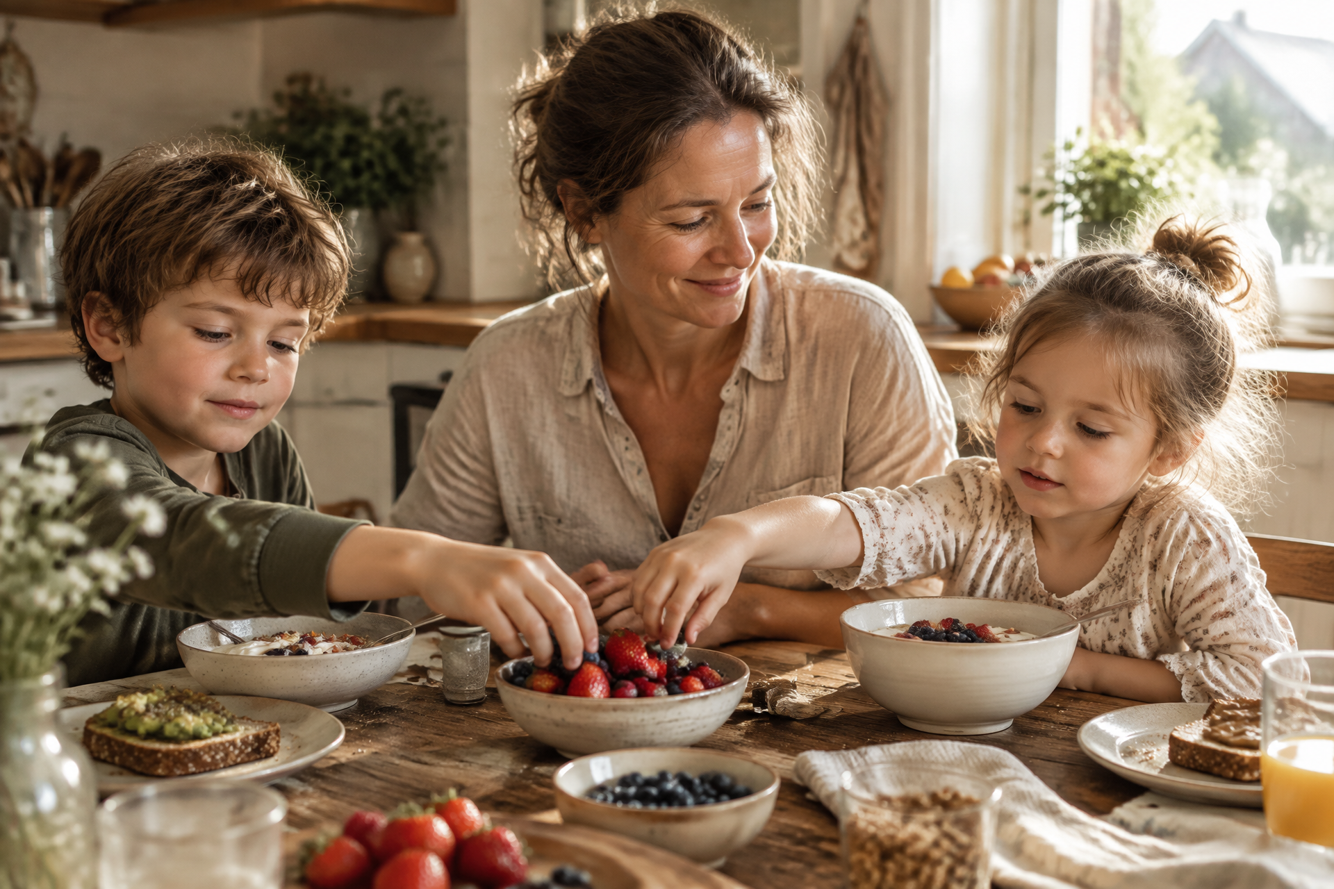 Madre preparando un desayuno saludable con sus dos hijos en la cocina
