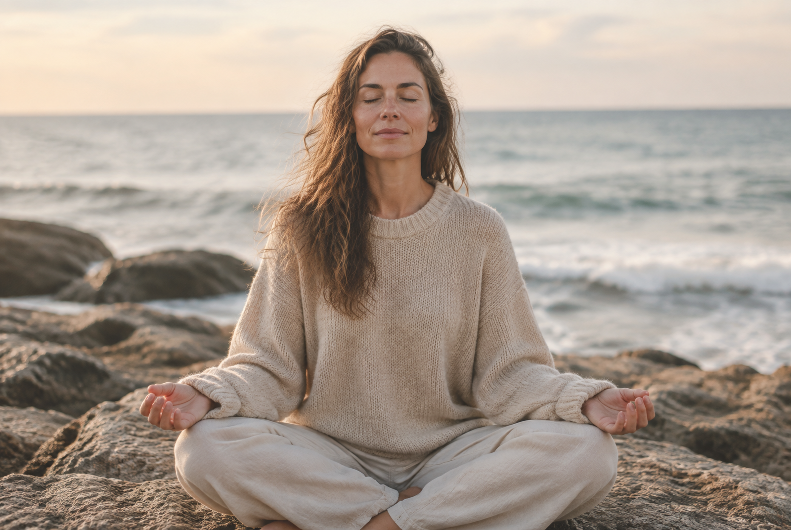 Mujer meditando frente al mar