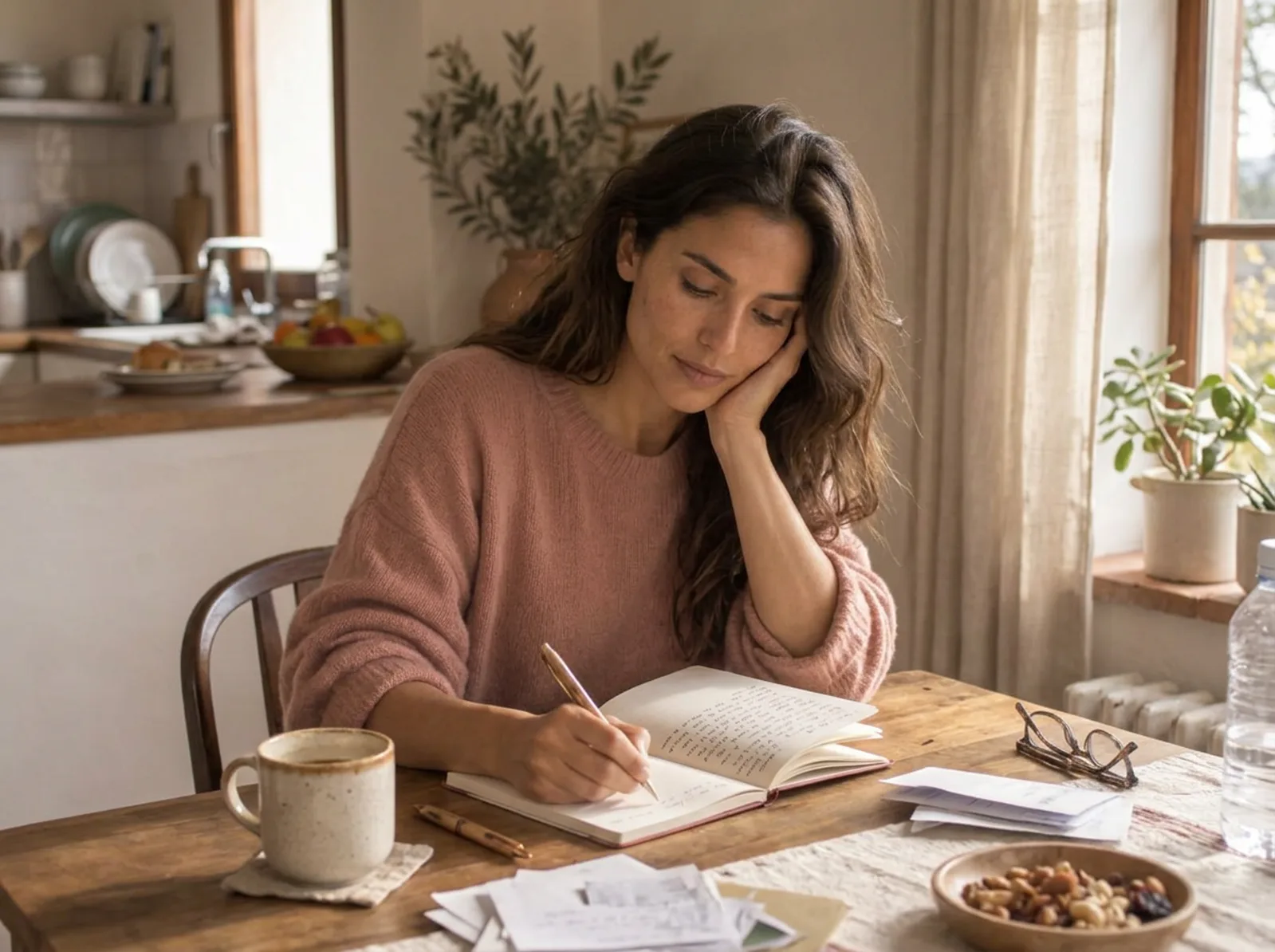 Mujer escribiendo en su diario y observando sus patrones